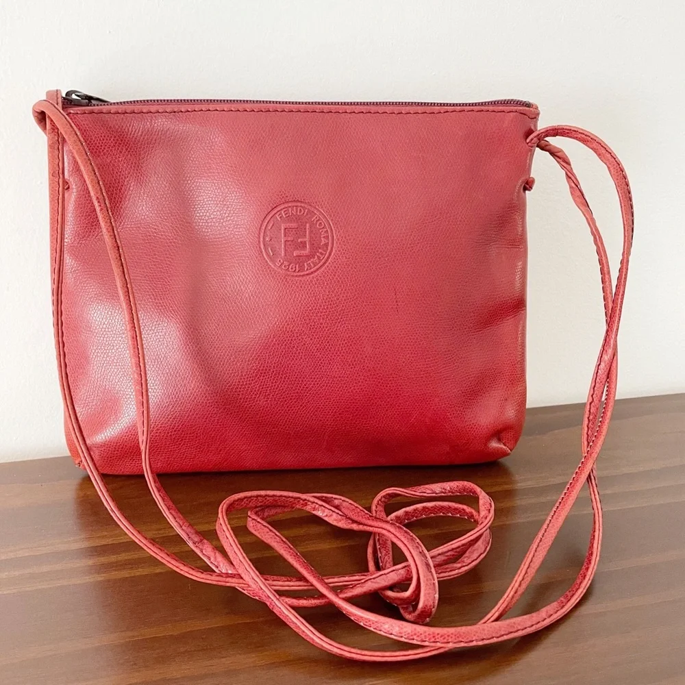 Fendi maroon leather embossed logo vintage crossbody bag